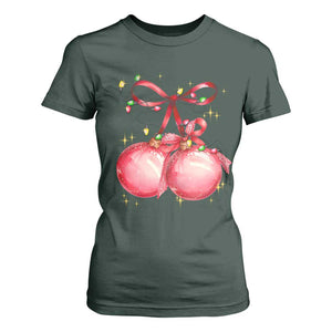 Christmas Coquette Pink Baubles Bow T Shirt For Women TS11 Dark Forest Green Print Your Wear