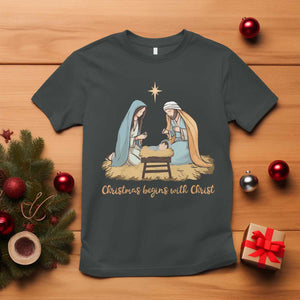 Christmas Begins With Christ T Shirt Christian Christmas Nativity Scene TS11 Dark Heather Print Your Wear