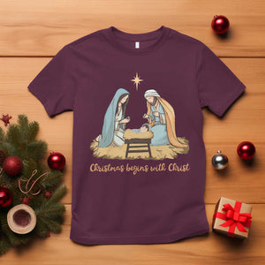 Christmas Begins With Christ T Shirt Christian Christmas Nativity Scene TS11 Maroon Print Your Wear