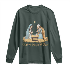 Christmas Begins With Christ Long Sleeve Shirt Christian Christmas Nativity Scene TS11 Dark Forest Green Print Your Wear