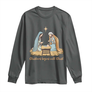 Christmas Begins With Christ Long Sleeve Shirt Christian Christmas Nativity Scene TS11 Dark Heather Print Your Wear
