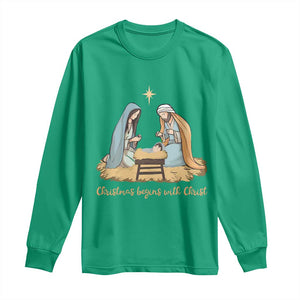 Christmas Begins With Christ Long Sleeve Shirt Christian Christmas Nativity Scene TS11 Irish Green Print Your Wear