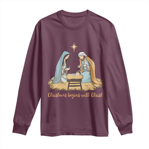 Christmas Begins With Christ Long Sleeve Shirt Christian Christmas Nativity Scene TS11 Maroon Print Your Wear