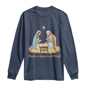 Christmas Begins With Christ Long Sleeve Shirt Christian Christmas Nativity Scene TS11 Navy Print Your Wear