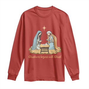 Christmas Begins With Christ Long Sleeve Shirt Christian Christmas Nativity Scene TS11 Red Print Your Wear