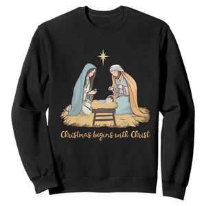 Christmas Begins With Christ Sweatshirt Christian Christmas Nativity Scene TS11 Black Print Your Wear