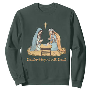 Christmas Begins With Christ Sweatshirt Christian Christmas Nativity Scene TS11 Dark Forest Green Print Your Wear