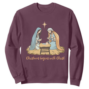 Christmas Begins With Christ Sweatshirt Christian Christmas Nativity Scene TS11 Maroon Print Your Wear