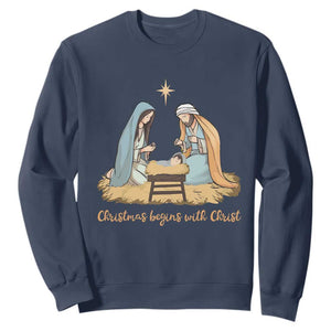 Christmas Begins With Christ Sweatshirt Christian Christmas Nativity Scene TS11 Navy Print Your Wear