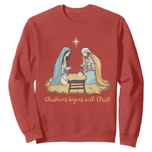 Christmas Begins With Christ Sweatshirt Christian Christmas Nativity Scene TS11 Red Print Your Wear