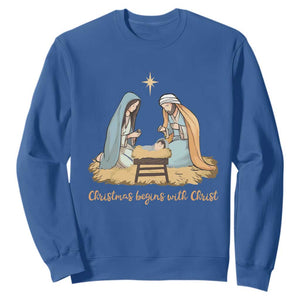Christmas Begins With Christ Sweatshirt Christian Christmas Nativity Scene TS11 Royal Blue Print Your Wear