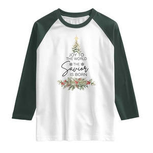 Funny Christmas Christian Faith Raglan Shirt Joy To The World The Savior Is Born Xmas Tree TS11 White Dark Forest Green Print Your Wear
