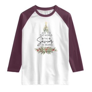 Funny Christmas Christian Faith Raglan Shirt Joy To The World The Savior Is Born Xmas Tree TS11 White Maroon Print Your Wear