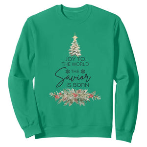 Funny Christmas Christian Faith Sweatshirt Joy To The World The Savior Is Born Xmas Tree TS11 Irish Green Print Your Wear