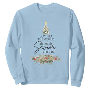 Funny Christmas Christian Faith Sweatshirt Joy To The World The Savior Is Born Xmas Tree TS11 Light Blue Print Your Wear