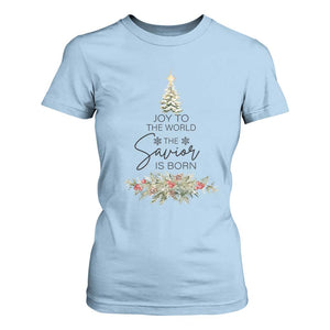Funny Christmas Christian Faith T Shirt For Women Joy To The World The Savior Is Born Xmas Tree TS11 Light Blue Print Your Wear