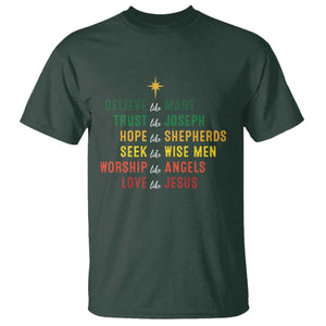 Christian Faith T Shirt Believe Like Mary Trust Like Joseph Hope Like Shepherds TS11 Dark Forest Green Print Your Wear