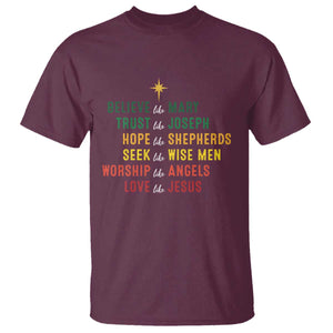 Christian Faith T Shirt Believe Like Mary Trust Like Joseph Hope Like Shepherds TS11 Maroon Print Your Wear