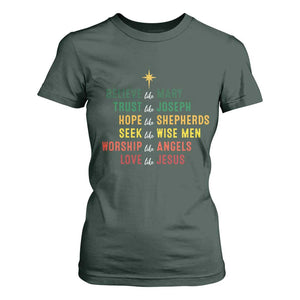 Christian Faith T Shirt For Women Believe Like Mary Trust Like Joseph Hope Like Shepherds TS11 Dark Forest Green Print Your Wear