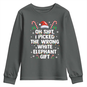 Funny Oh Shit I Picked The Wrong White Elephant Gift Youth Sweatshirt Christmas Gift Exchange Santa Hat TS11 Dark Heather Print Your Wear