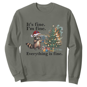 Christmas Hanukkah Racoon Sweatshirt Funny Its Fine I Am Fine Everything Is Fine TS11 Military Green Print Your Wear
