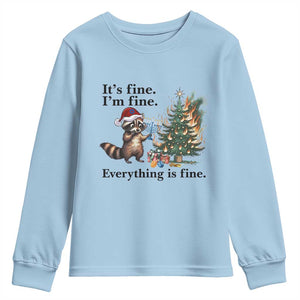 Christmas Hanukkah Racoon Youth Sweatshirt Funny Its Fine I Am Fine Everything Is Fine TS11 Light Blue Print Your Wear