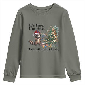 Christmas Hanukkah Racoon Youth Sweatshirt Funny Its Fine I Am Fine Everything Is Fine TS11 Military Green Print Your Wear