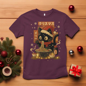 Funny Christmas Cat Ramen T Shirt Xmas Japanese Kawaii Anime Cat TS11 Maroon Print Your Wear