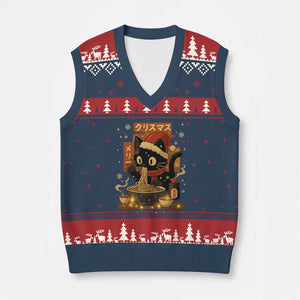 Funny Xmas Cat Ramen V-Neck Knit Sweater Vest Xmas Japanese Kawaii Anime Cat TS11 Navy Red Print Your Wear