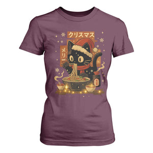 Funny Christmas Cat Ramen T Shirt For Women Xmas Japanese Kawaii Anime Cat TS11 Maroon Print Your Wear