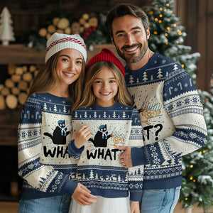 Funny What Hanukkah Black Cat Ugly Christmas Sweater TS11 Navy Print Your Wear