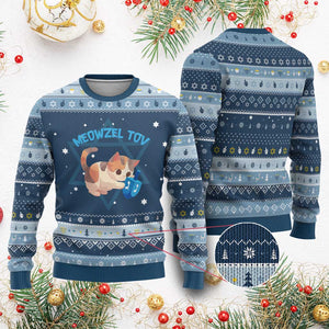 Funny Chanukah Cats Hanukkah Ugly Sweater Meowzel Tov Dreidels Chanukah Jewish Festival TS11 Navy Light Blue Print Your Wear