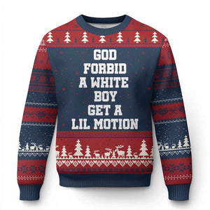 Funny God Forbid A White Boy Get A Lil Motion Ugly Christmas Sweater Meme Quote TS11 Navy Red Print Your Wear