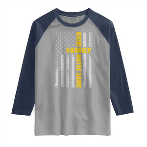 God Family Notre Dame Raglan Shirt Irish Patriotic American Flag TS11 Sport Gray Navy Print Your Wear