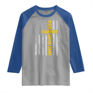 God Family Notre Dame Raglan Shirt Irish Patriotic American Flag TS11 Sport Gray Royal Print Your Wear