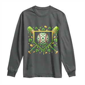 St Patricks Day Baseball Ice Cream Drip Home Plate Long Sleeve Shirt TS11 Dark Heather Print Your Wear