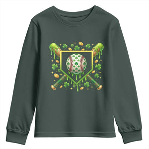 St Patricks Day Baseball Ice Cream Drip Home Plate Youth Sweatshirt TS11 Dark Forest Green Print Your Wear