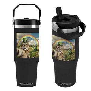 St Patricks Day Cat Selfie with Leprechaun Flip Straw Tumbler TS11 One Size: 30 oz Black Print Your Wear