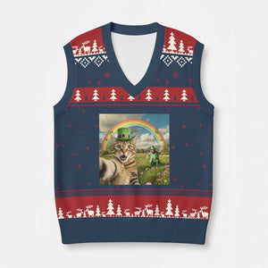 St Patricks Day Cat Selfie with Leprechaun V-Neck Knit Sweater Vest TS11 Navy Red Print Your Wear