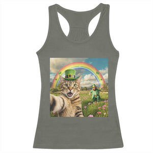 St Patricks Day Cat Selfie with Leprechaun Racerback Tank Top TS11 Military Green Print Your Wear