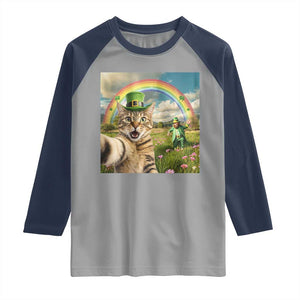 St Patricks Day Cat Selfie with Leprechaun Raglan Shirt TS11 Sport Gray Navy Print Your Wear