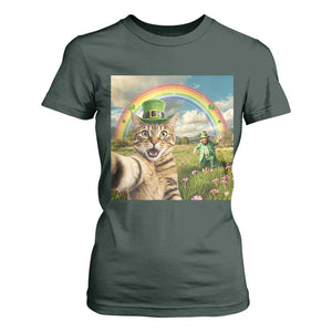 St Patricks Day Cat Selfie with Leprechaun T Shirt For Women TS11 Dark Forest Green Print Your Wear