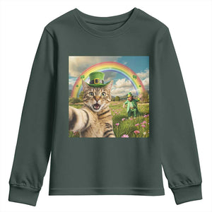 St Patricks Day Cat Selfie with Leprechaun Youth Sweatshirt TS11 Dark Forest Green Print Your Wear