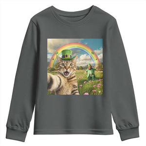 St Patricks Day Cat Selfie with Leprechaun Youth Sweatshirt TS11 Dark Heather Print Your Wear