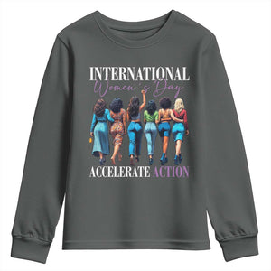 International Women's Day 2025 Youth Sweatshirt Accelerate Action 8 March IWD TS11 Dark Heather Print Your Wear