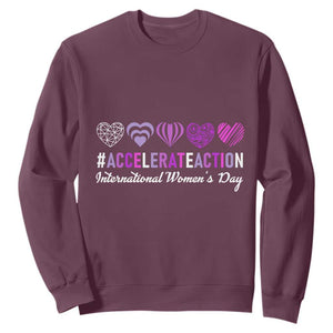 International Women's Day 2025 Sweatshirt Accelerate Action IWD 8 March TS11 Maroon Print Your Wear