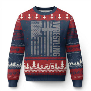Wrestling Christian Vintage Patriotic American Flag Ugly Christmas Sweater TS11 Navy Red Print Your Wear