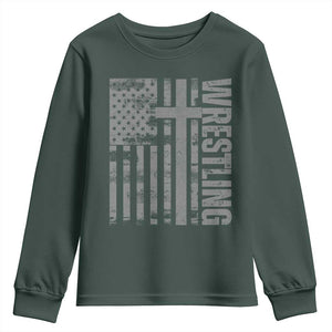 Wrestling Christian Vintage Patriotic American Flag Youth Sweatshirt TS11 Dark Forest Green Print Your Wear