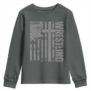 Wrestling Christian Vintage Patriotic American Flag Youth Sweatshirt TS11 Dark Heather Print Your Wear