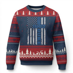 God Family Duke Ugly Christmas Sweater Blue Game Day Vintage American Flag TS11 Navy Red Print Your Wear